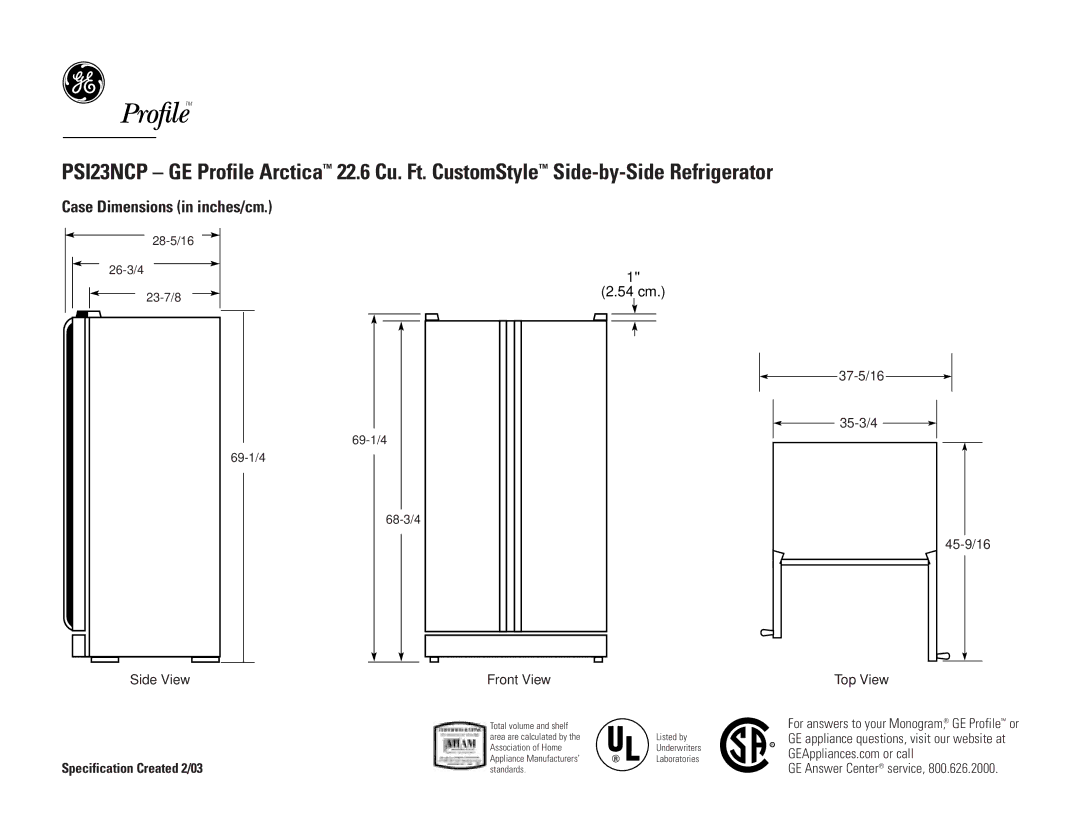 GE PSI23NCPWW, PSI23NCPBB, PSI23NCPCC dimensions Case Dimensions in inches/cm, Specification Created 2/03 