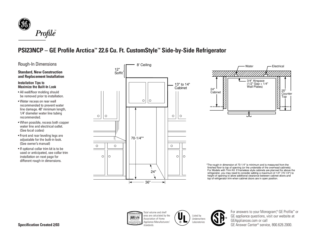 GE PSI23NCPBB, PSI23NCPWW, PSI23NCPCC dimensions Rough-In Dimensions, Soffit Ceiling 13 to 14 Cabinet 70-1/4 