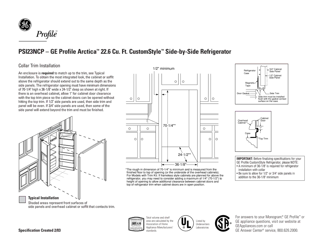 GE PSI23NCPCC, PSI23NCPWW, PSI23NCPBB Collar Trim Installation, Typical Installation, Minimum, 70-1/4 24-1/2 36-1/8 