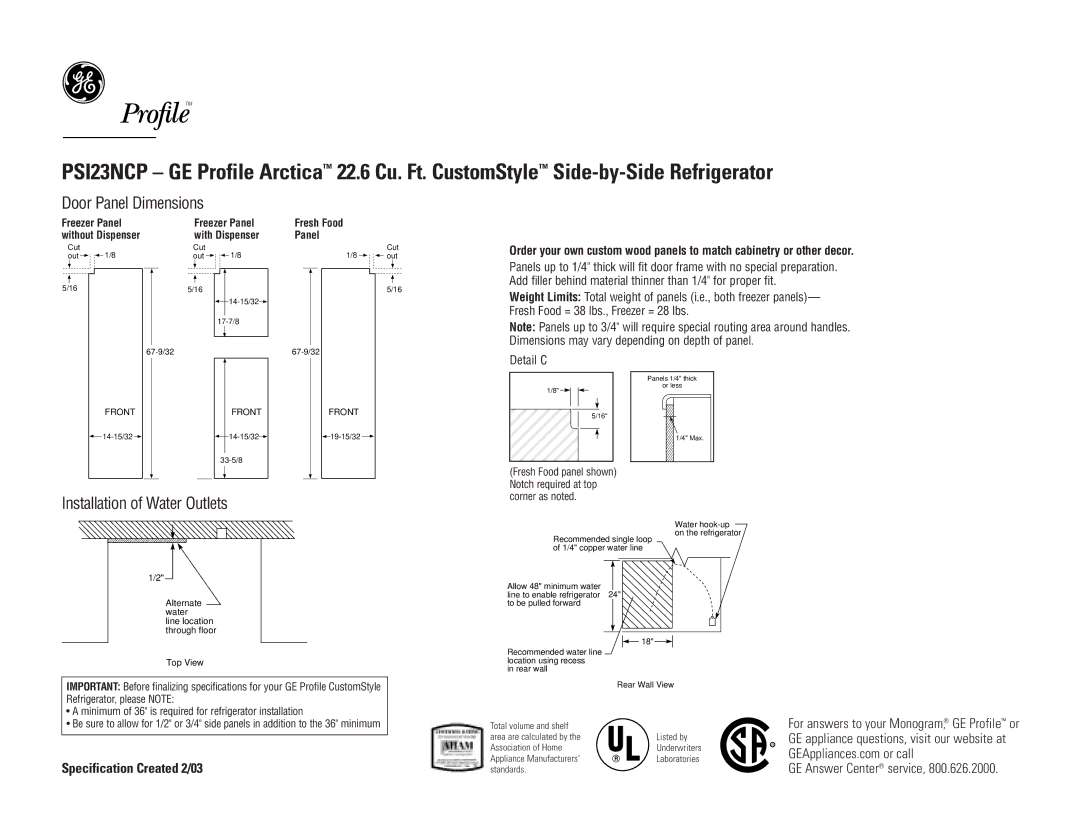 GE PSI23NCPWW, PSI23NCPBB, PSI23NCPCC dimensions Door Panel Dimensions 