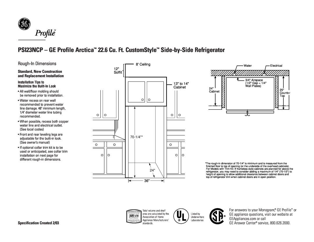 GE PSI23NCPBB, PSI23NCPWW, PSI23NCPCC Rough-InDimensions, Specification Created 2/03, GE Answer Center service, Soffit 