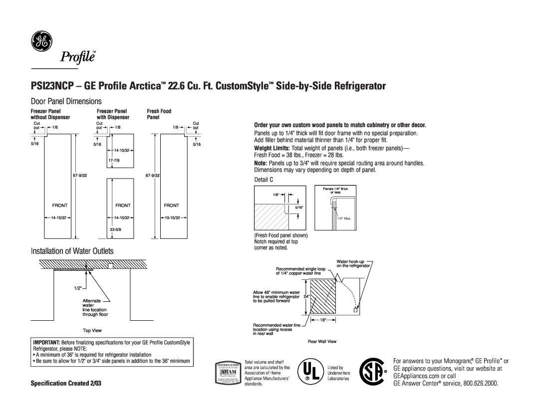 GE PSI23NCPWW Door Panel Dimensions, Installation of Water Outlets, Specification Created 2/03, Detail C, Freezer Panel 
