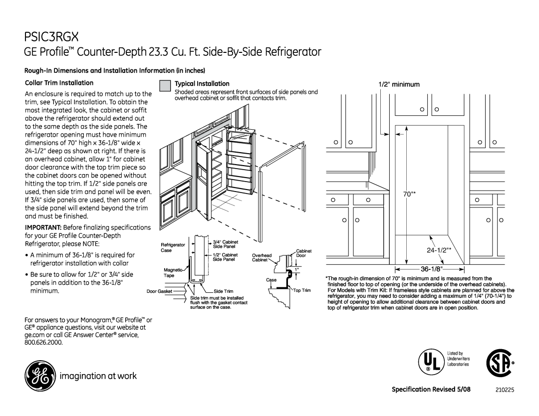 GE PSIC3RGX dimensions GE Profile Counter-Depth 23.3 Cu. Ft. Side-By-Side Refrigerator, Collar Trim Installation 