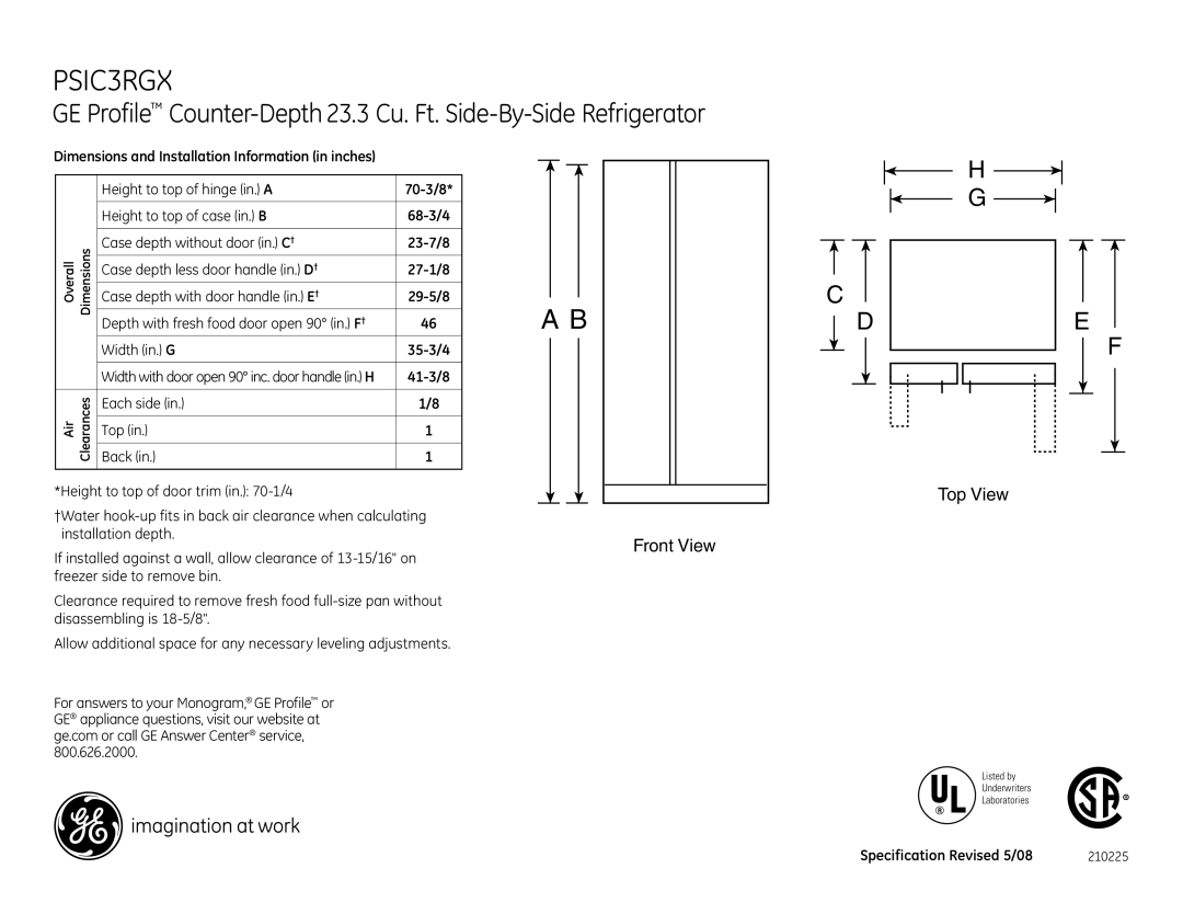 GE PSIC3RGXWV, PSIC3RGXBV, PSIC3RGXCV, PSIC5RGXWV, PSIC5RGXCV, PSIC5RGXBV dimensions Installation depth 