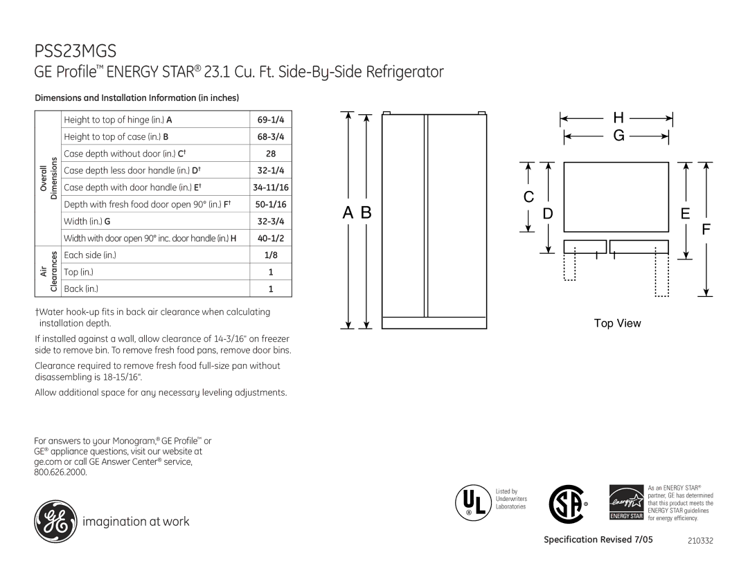 GE PSS23MGSBB, PSS23MGSWW, PSS23MGSCC dimensions Top View, 40-1/2, Each side Back Top, Specification Revised 7/05 