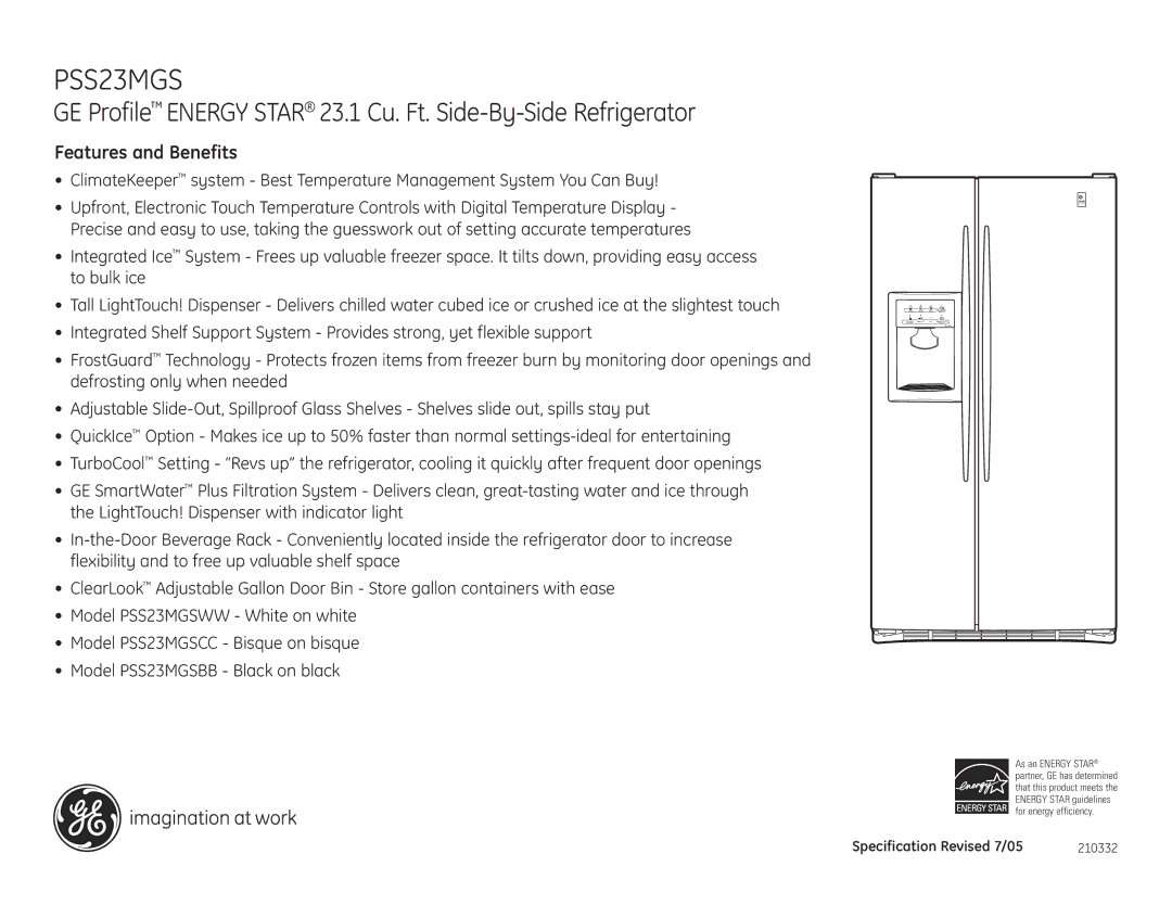 GE PSS23MGSCC, PSS23MGSWW, PSS23MGSBB dimensions Features and Benefits 