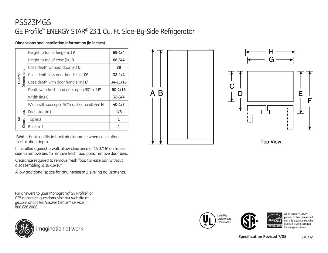 GE PSS23MGSBB, PSS23MGSWW dimensions H G E F, GE Profile ENERGY STAR 23.1 Cu. Ft. Side-By-Side Refrigerator, Top View 