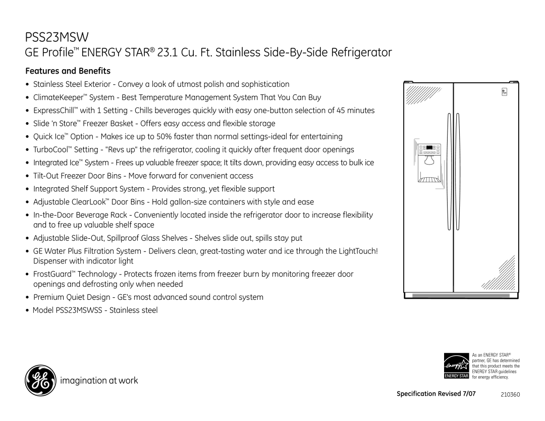 GE PSS23MSW dimensions Features and Benefits 