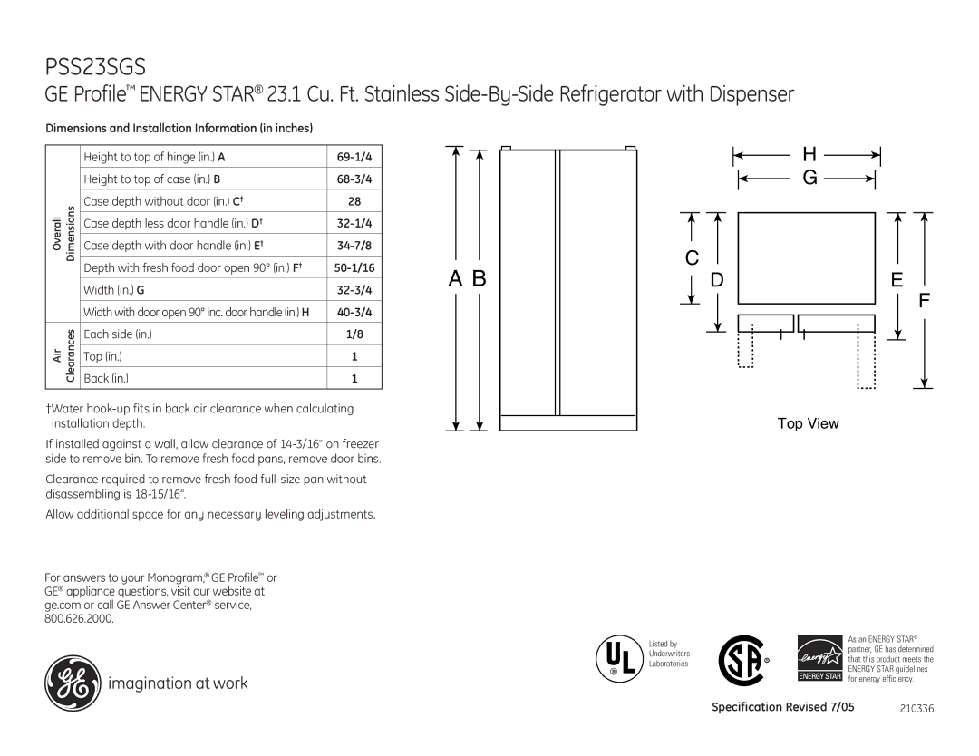 GE PSS23SGSSS dimensions Top View, 40-3/4, Each side Top Back, Specification Revised 7/05 