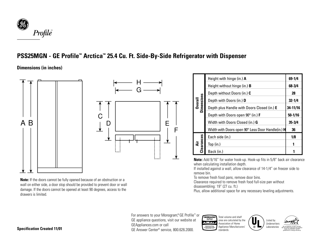 GE PSS25MGNCC, PSS25MGNWW, PSS25MGNBB dimensions Dimensions in inches, Top View 