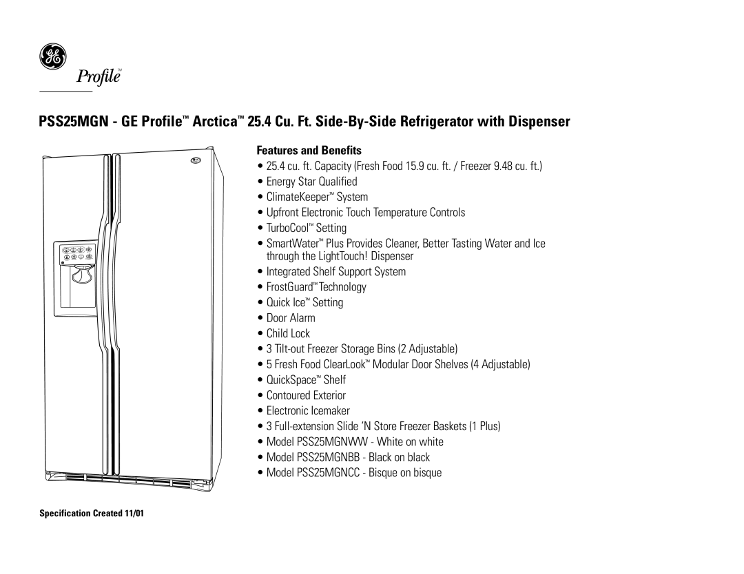 GE PSS25MGNBB, PSS25MGNWW, PSS25MGNCC dimensions Features and Benefits 