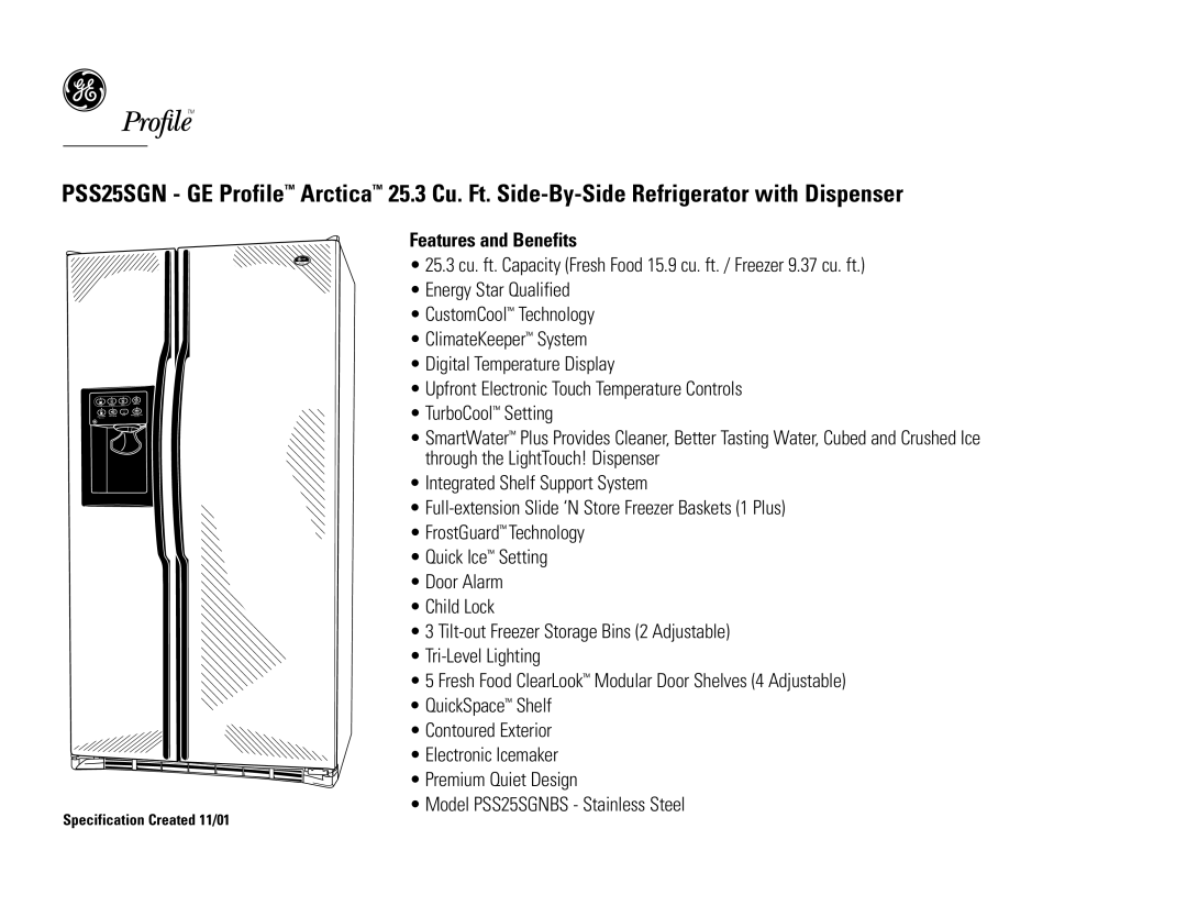 GE PSS25SGNBS dimensions Features and Benefits 