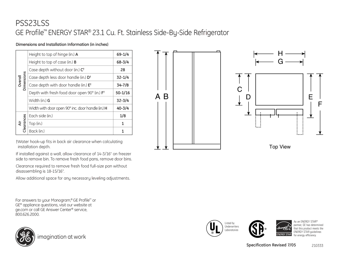 GE PSS23LSSSS, PSS26LSR dimensions Top View, 40-3/4, Each side Back Top, Specification Revised 7/05 