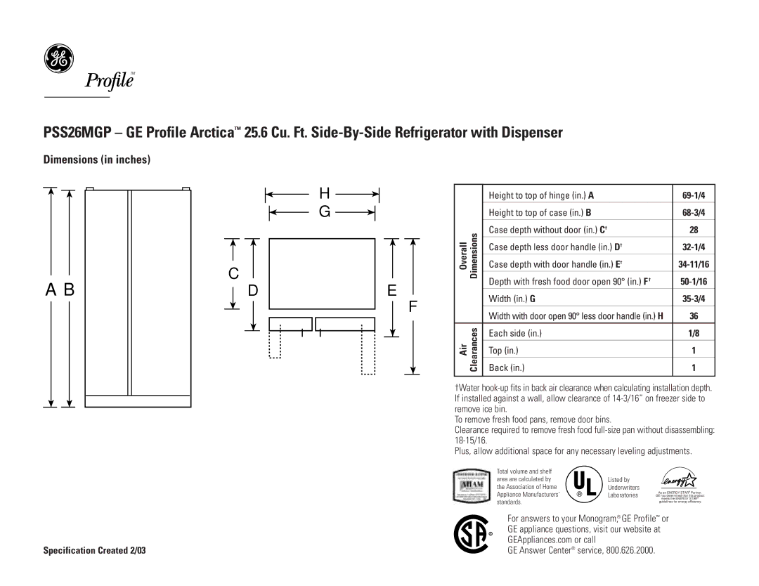 GE PSS26MGPCC, PSS26MGPWW, PSS26MGPBB dimensions Dimensions in inches, Top View 