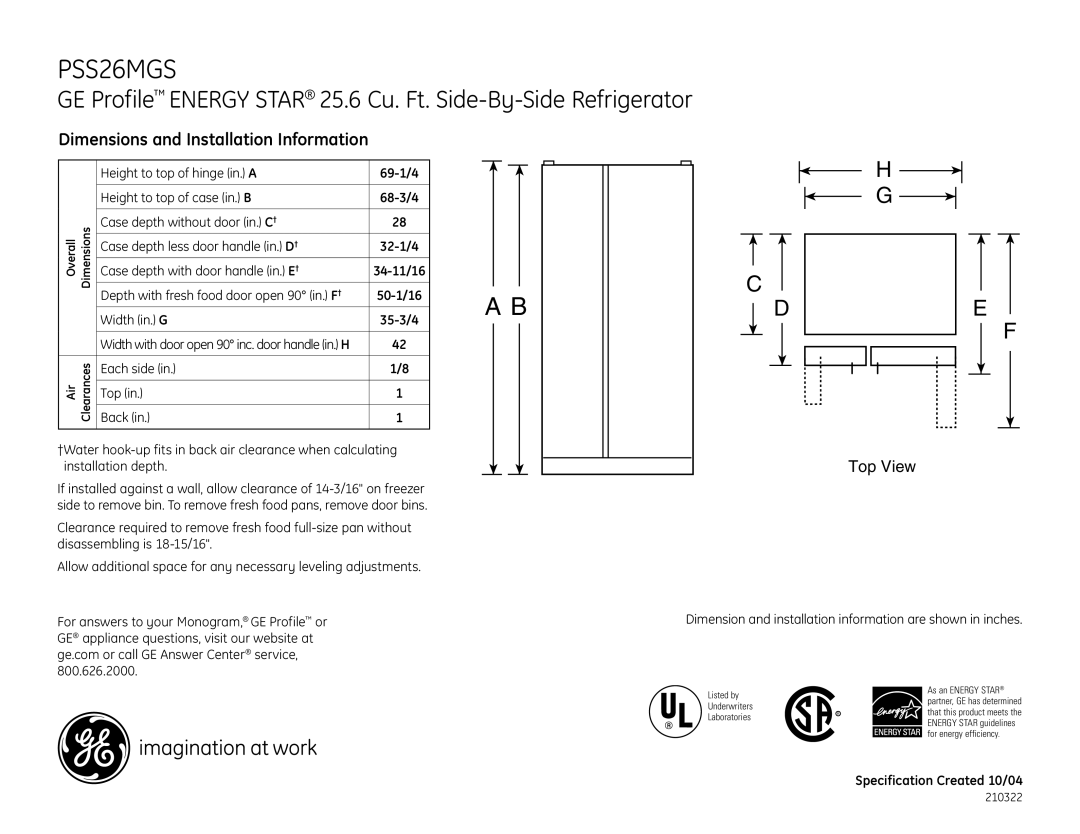 GE PSS26MGSWW, PSS26MGSCC, PSS26MGSBB dimensions Dimensions and Installation Information, Top View, Each side Top Back 