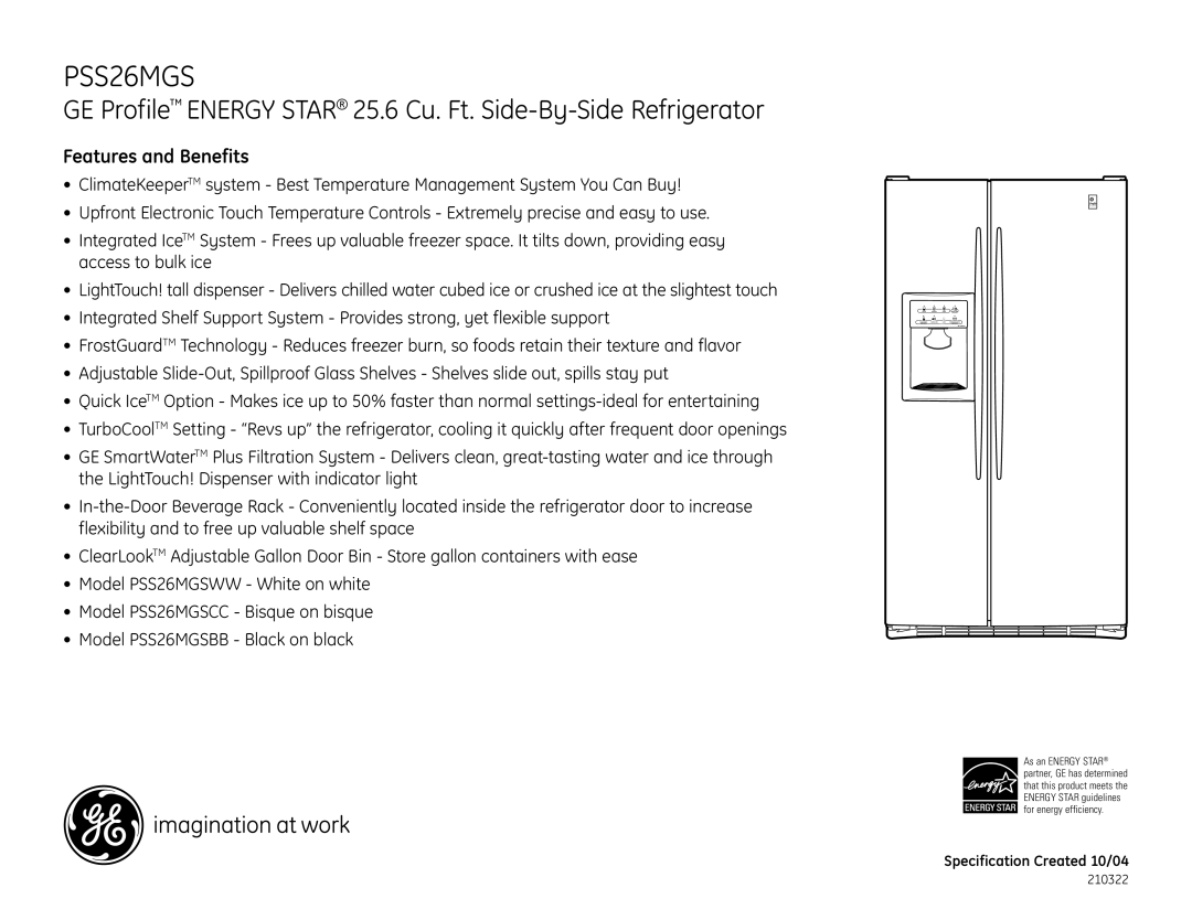 GE PSS26MGSBB, PSS26MGSCC, PSS26MGSWW dimensions Features and Benefits 