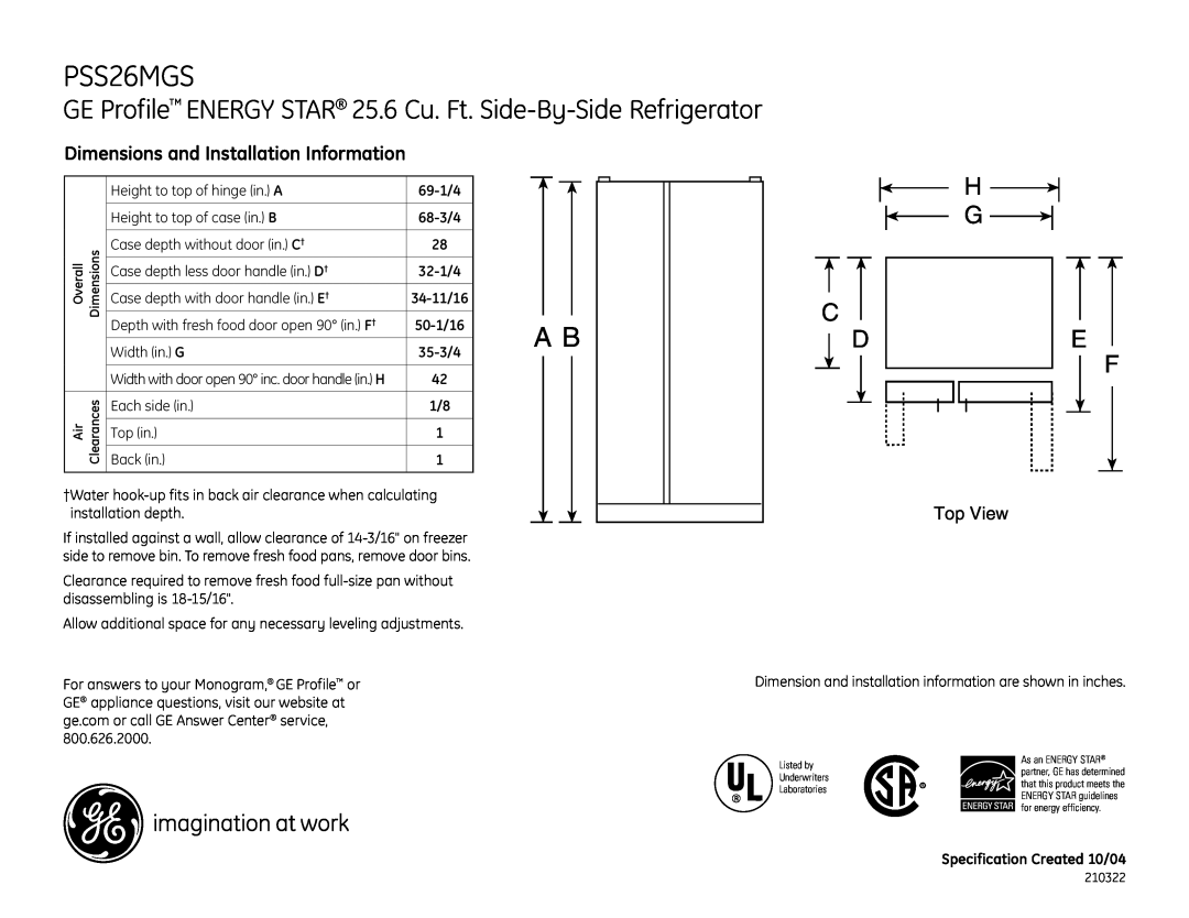 GE PSS26MGSWW, PSS26MGSCC, PSS26MGSBB dimensions Dimensions and Installation Information 