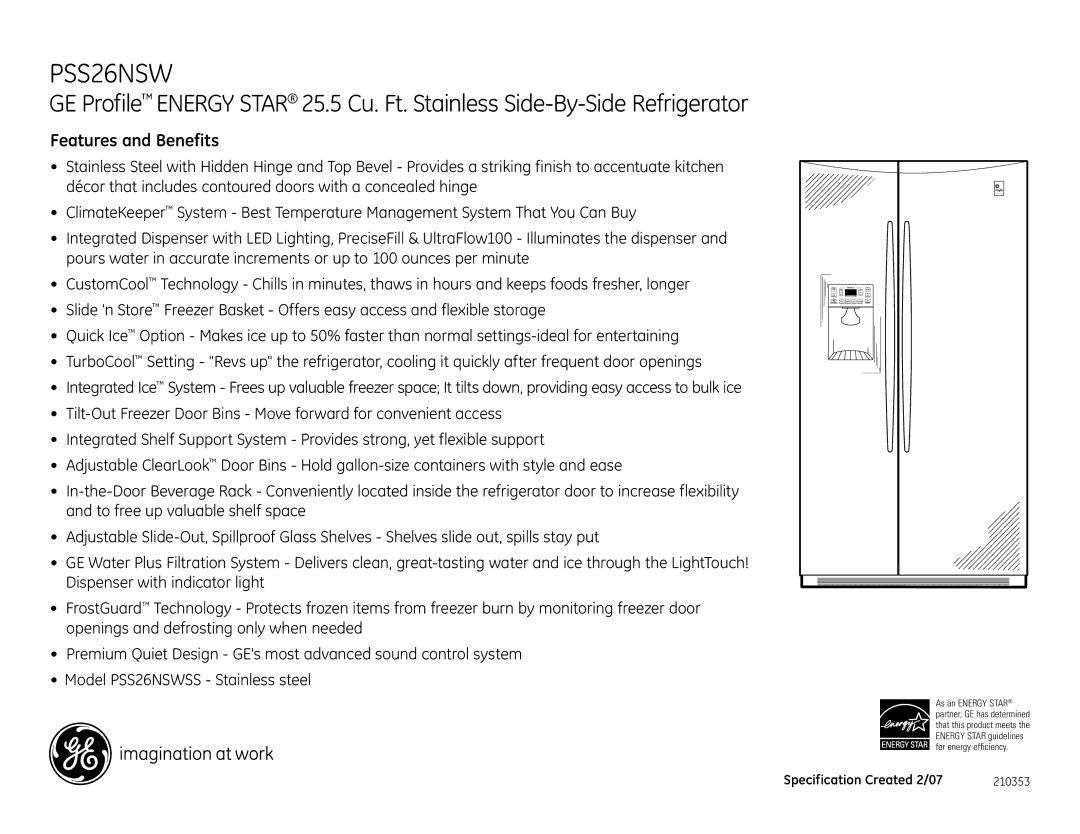 GE PSS26NSW dimensions Features and Benefits 