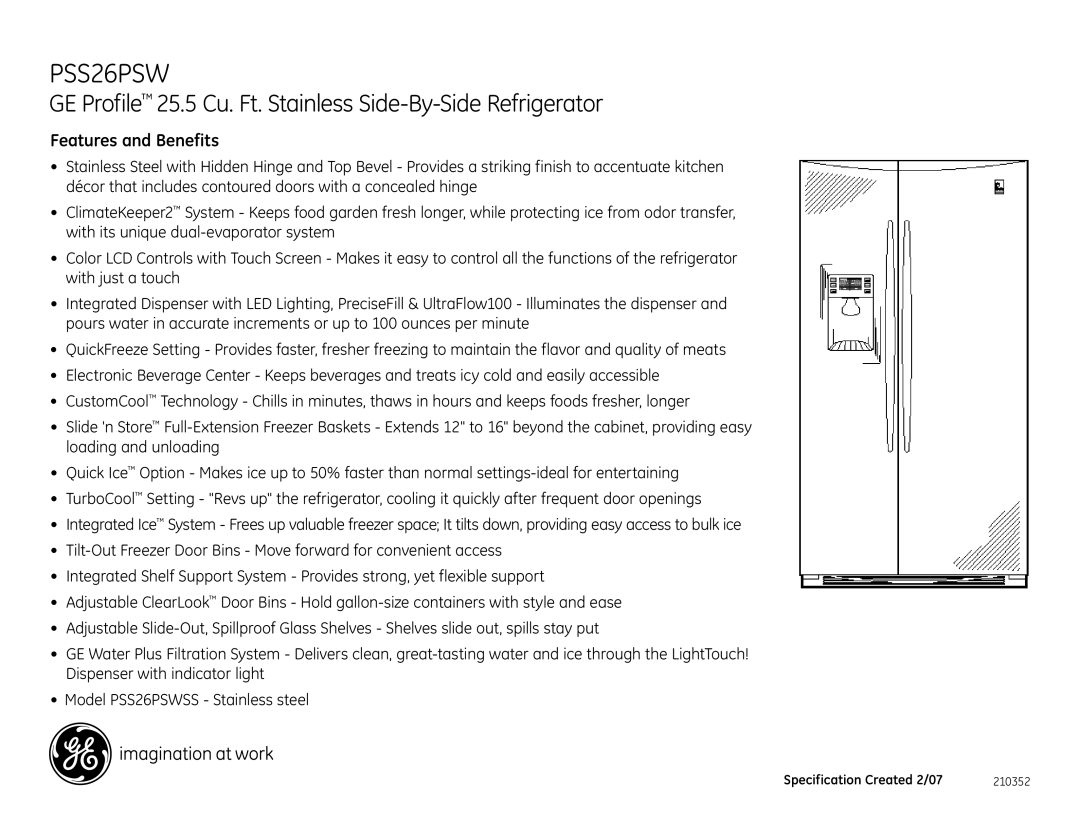 GE PSS26PSW dimensions Features and Benefits 