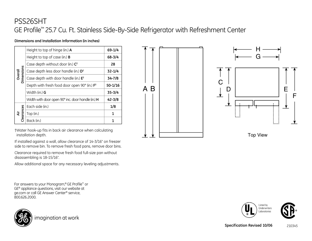 GE PSS26SHTSS dimensions PSS26SHT, 42-3/8, Each side Top Back, Specification Revised 10/06 