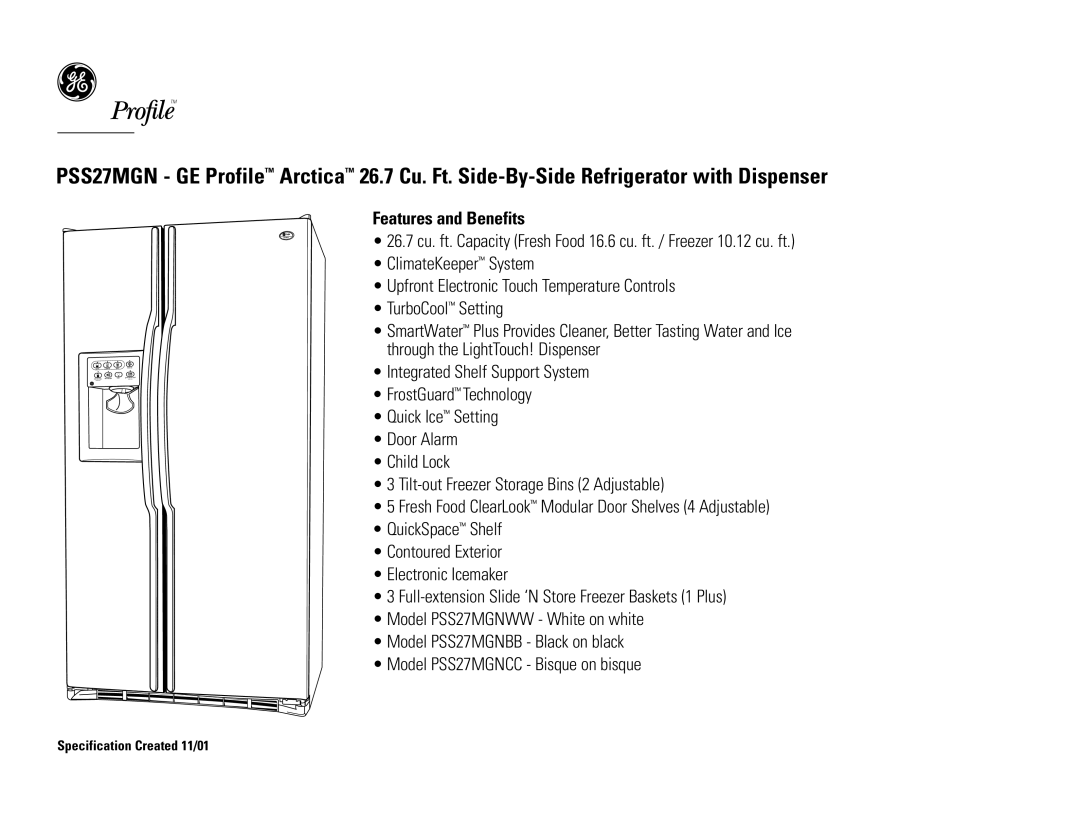 GE PSS27MGNBB, PSS27MGNWW, PSS27MGNCC dimensions Features and Benefits 