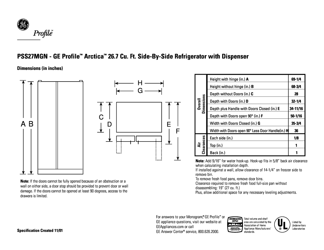 GE PSS27MGNCC, PSS27MGNWW, PSS27MGNBB dimensions Dimensions in inches, Top View 