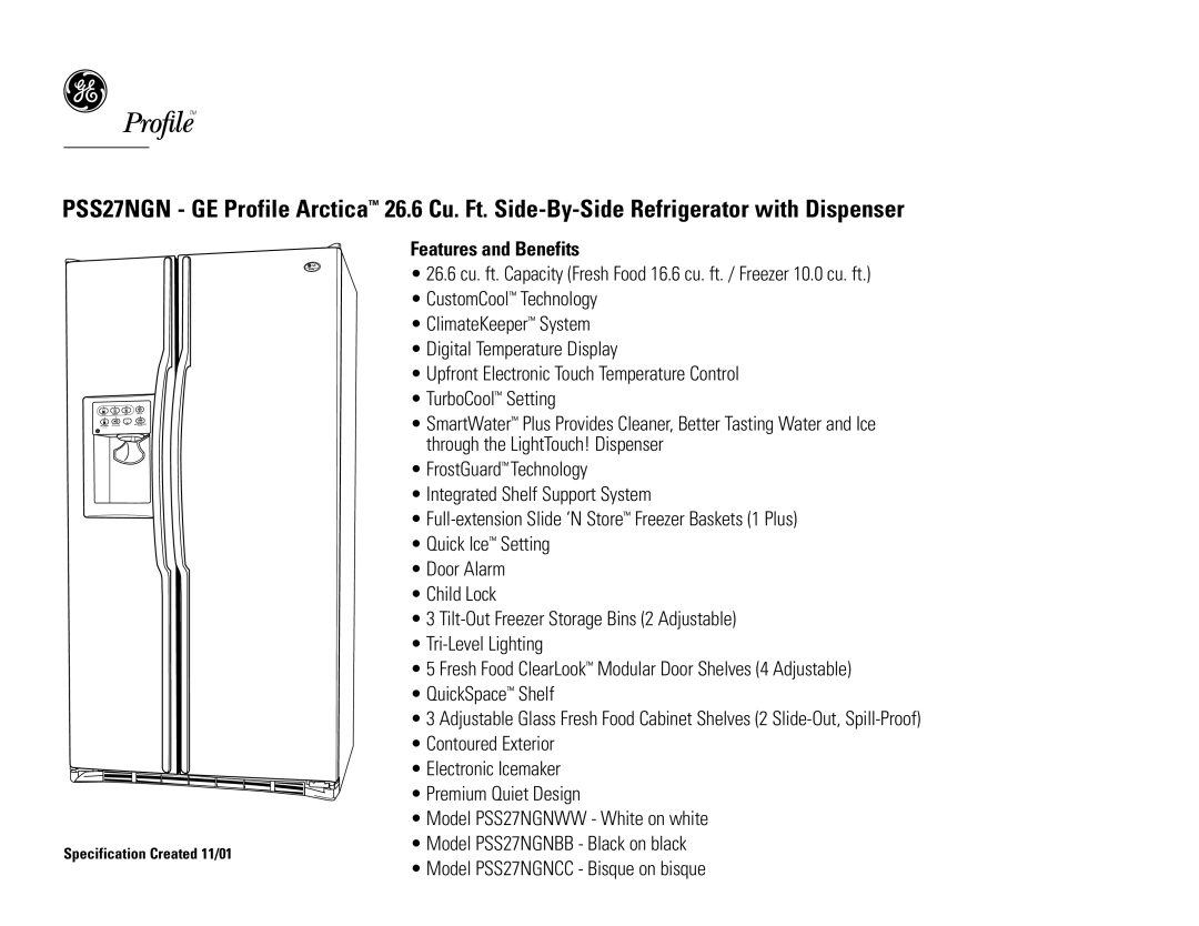 GE PSS27NGNCC, PSS27NGNBB, PSS27NGNWW dimensions Features and Benefits 