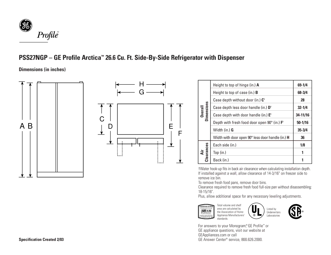 GE PSS27NGPBB, PSS27NGPCC, PSS27NGPWW dimensions Dimensions in inches, Top View 