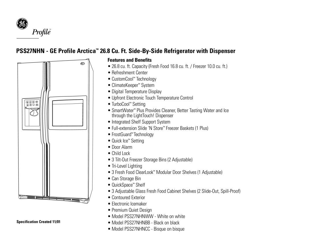 GE PSS27NHNWW, PSS27NHNBB, PSS27NHNCC Features and Benefits, Fresh Food ClearLook Modular Door Shelves 1 Adjustable 