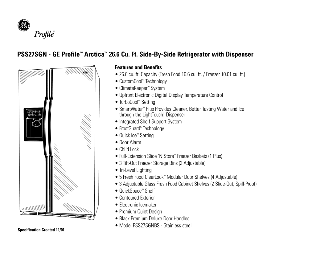 GE PSS27SGNBS dimensions Features and Benefits 