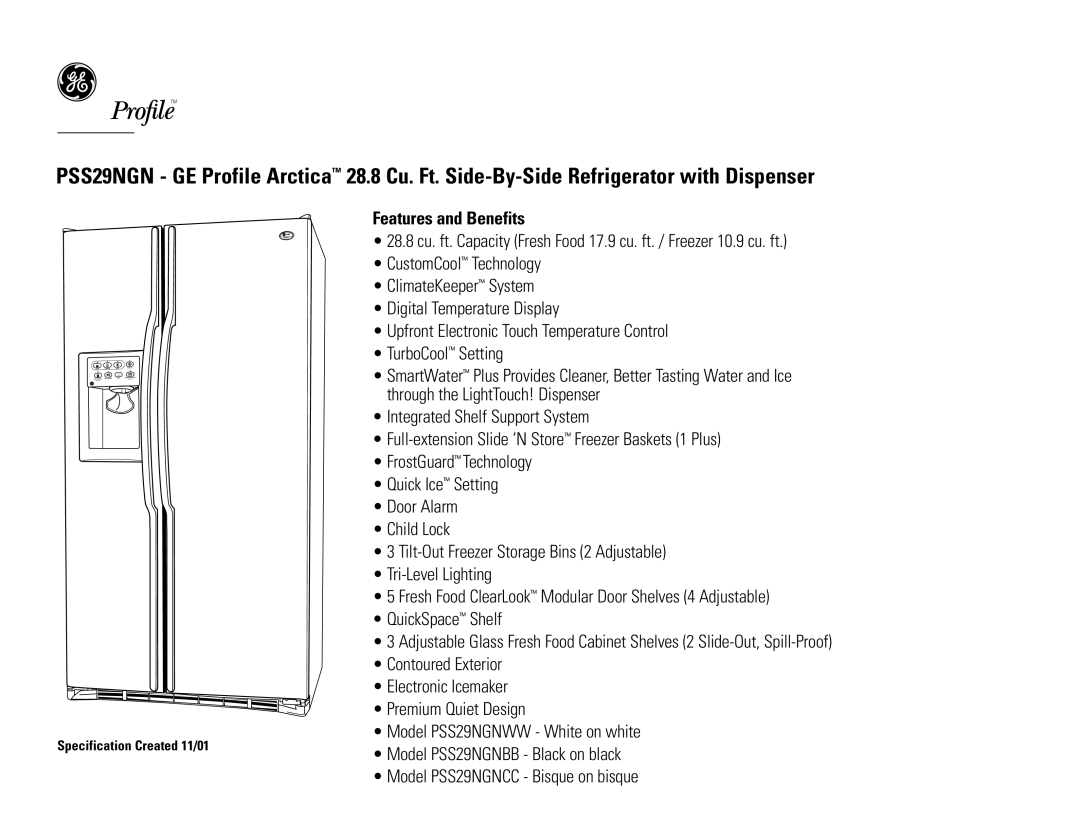 GE PSS29NGNWW, PSS29NGNCC, PSS29NGNBB dimensions Features and Benefits 