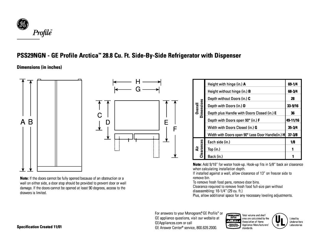GE PSS29NGNCC, PSS29NGNWW, PSS29NGNBB dimensions H G C D, Dimensions in inches, Top View 