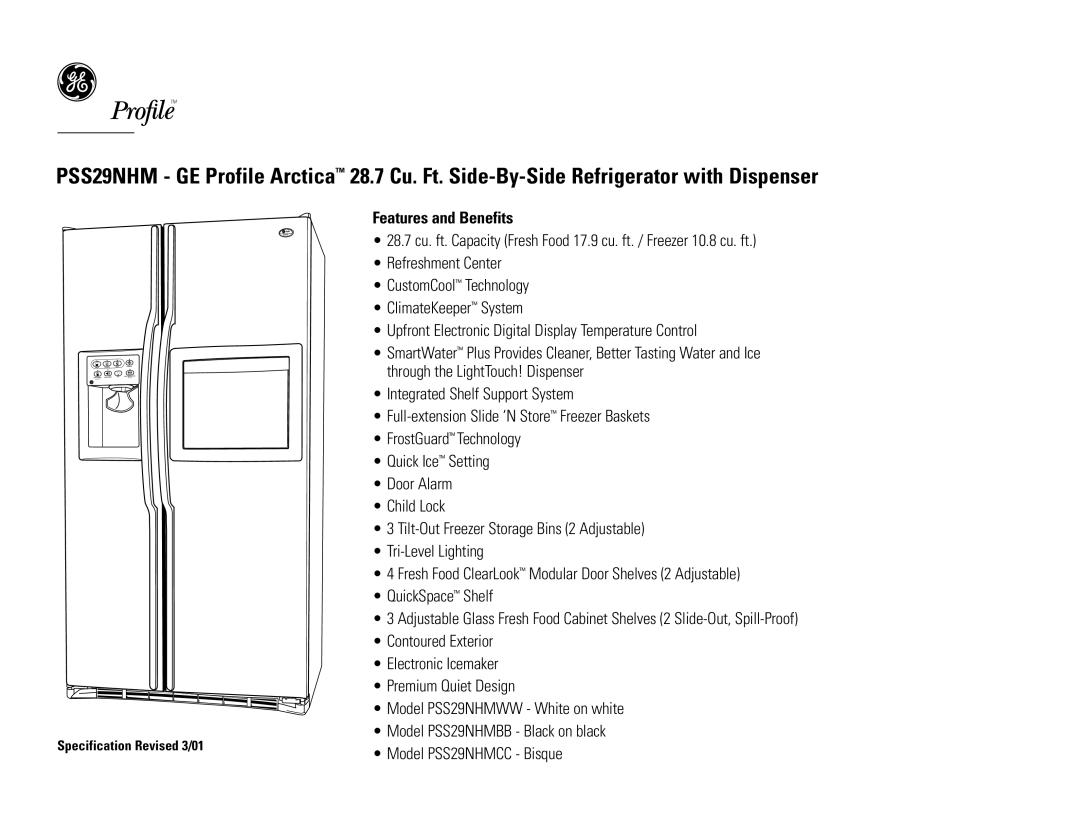 GE PSS29NHMCC, PSS29NHMWW, PSS29NHMBB dimensions Features and Benefits 