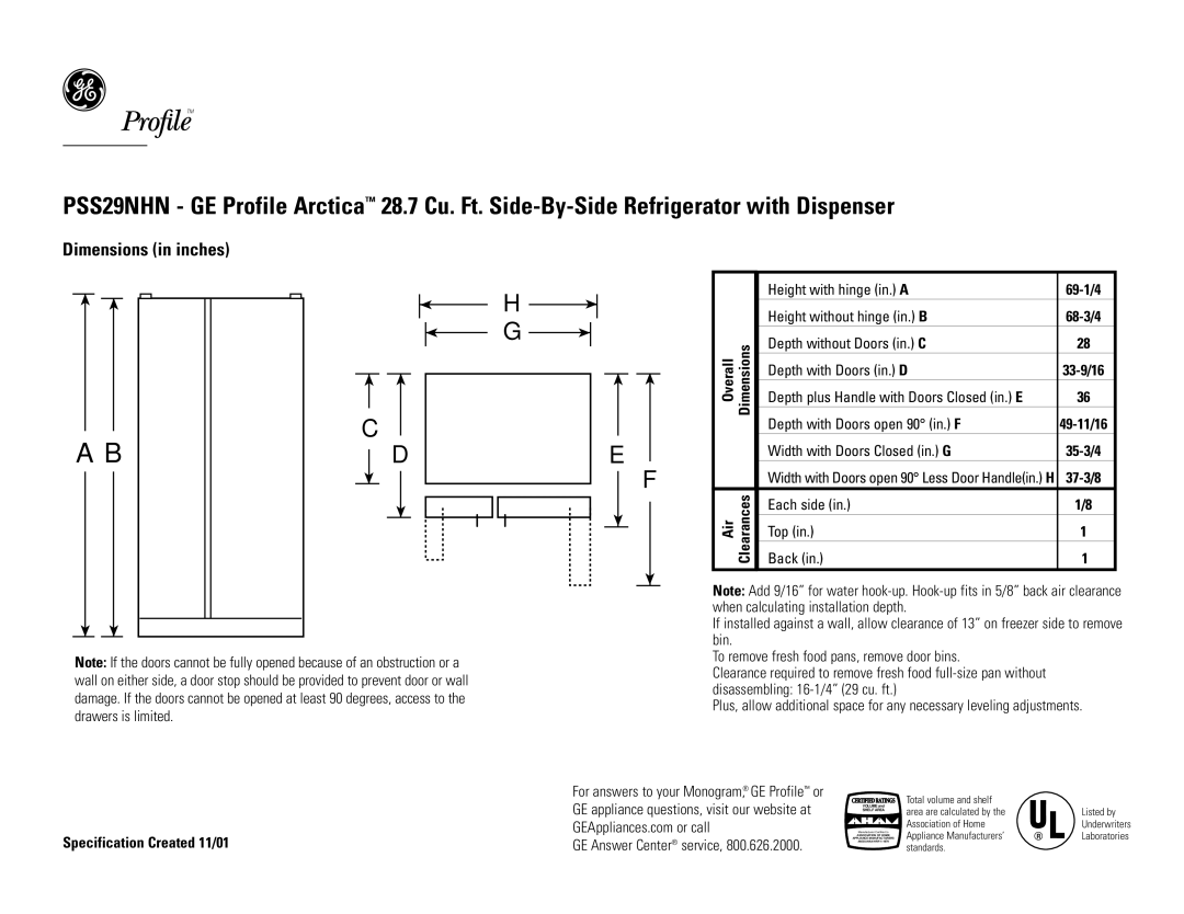 GE PSS29NHN dimensions Dimensions in inches, Top View 