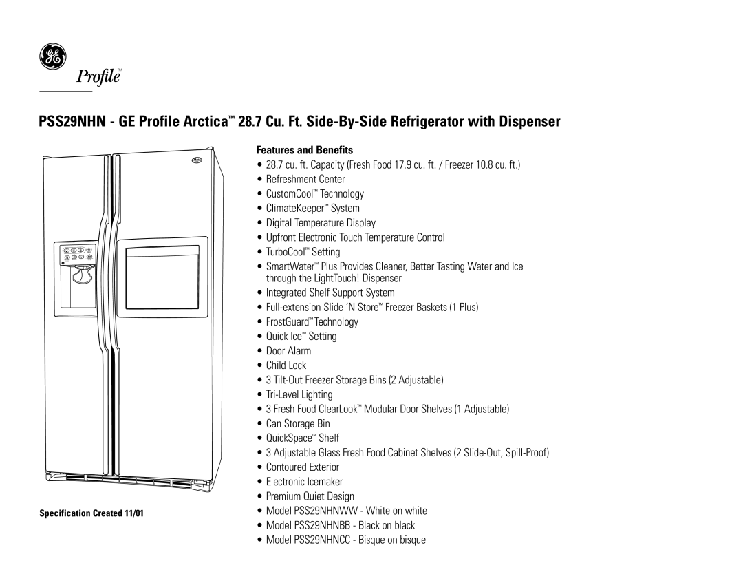 GE PSS29NHN dimensions Features and Benefits 