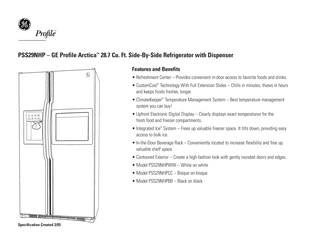 GE PSS29NHPWW, PSS29NHPCC, PSS29NHPBB dimensions Features and Benefits 