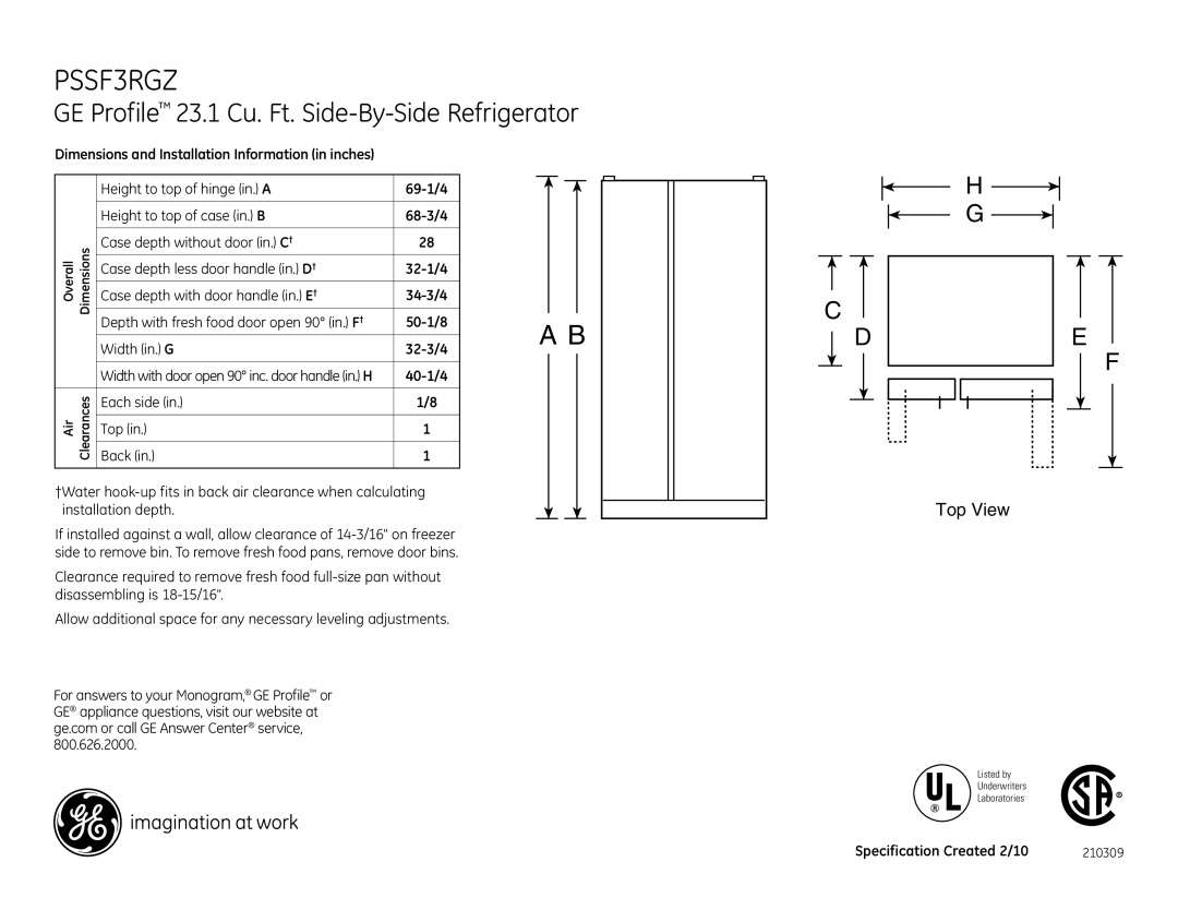 GE PSSF3RGZCC dimensions GE Profile 23.1 Cu. Ft. Side-By-Side Refrigerator, 40-1/4, Each side Back Top 