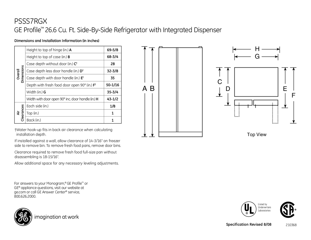 GE dimensions PSSS7RGX, 43-1/2, Each side Back Top, Specification Revised 8/08 