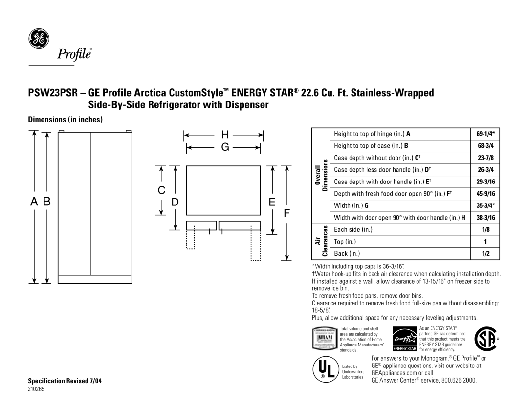 GE PSW23PSRSS dimensions Dimensions in inches 