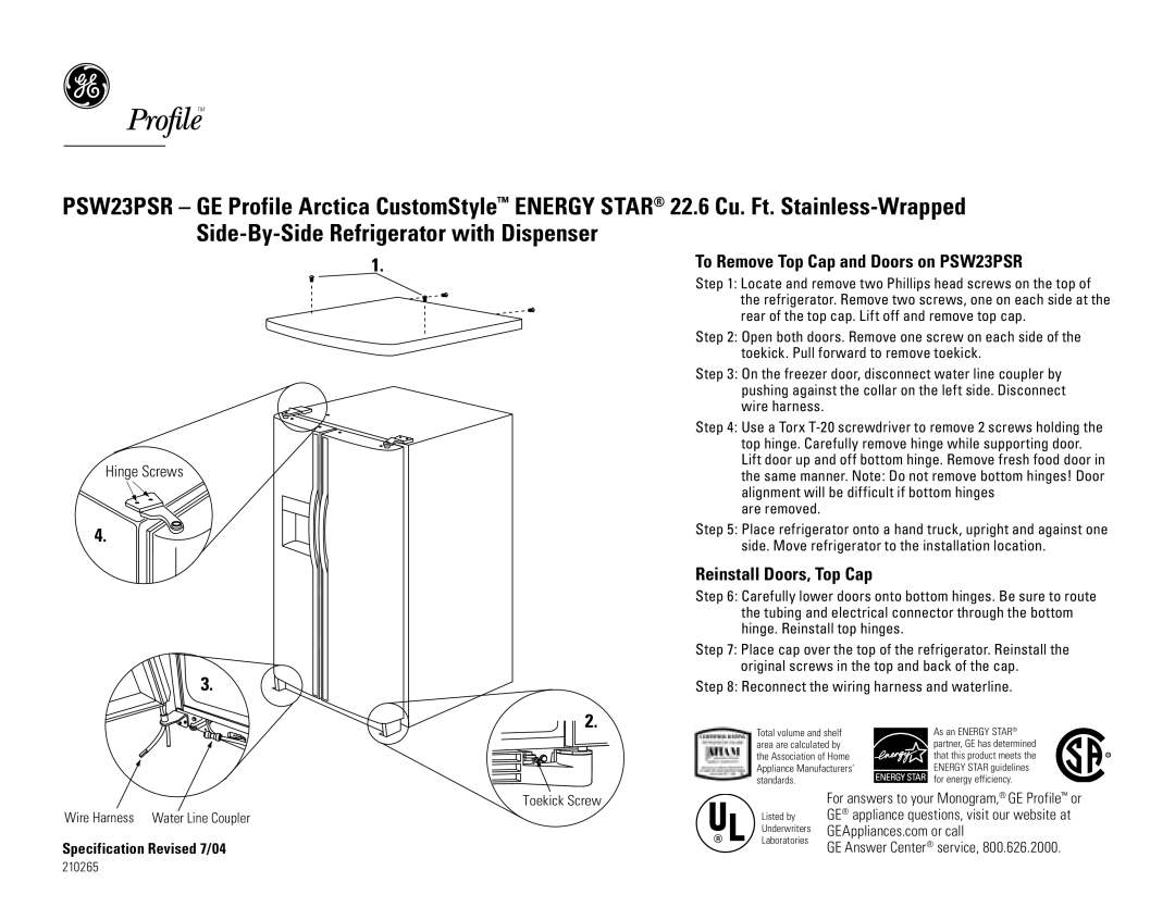 GE PSW23PSRSS dimensions To Remove Top Cap and Doors on PSW23PSR, Reinstall Doors, Top Cap 