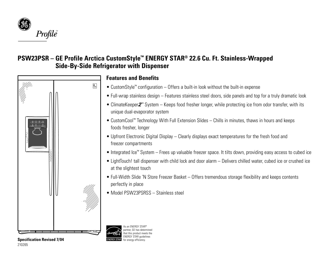 GE PSW23PSRSS dimensions Features and Benefits 