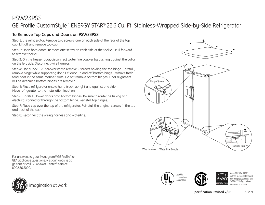 GE PSW23PSSS To Remove Top Caps and Doors on PSW23PSS, Hinge Screws, Toekick Screw, Wire Harness Water Line Coupler 