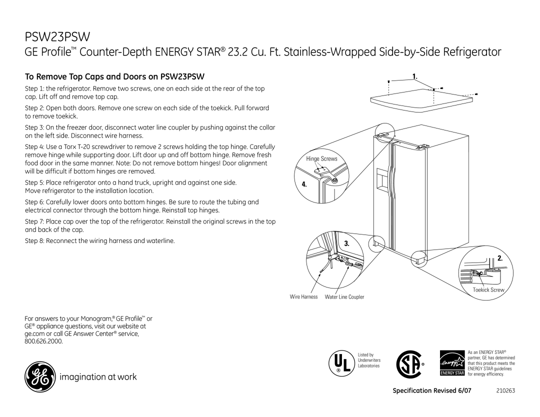 GE PSW23PSWSS To Remove Top Caps and Doors on PSW23PSW, Hinge Screws, Toekick Screw Wire Harness Water Line Coupler 