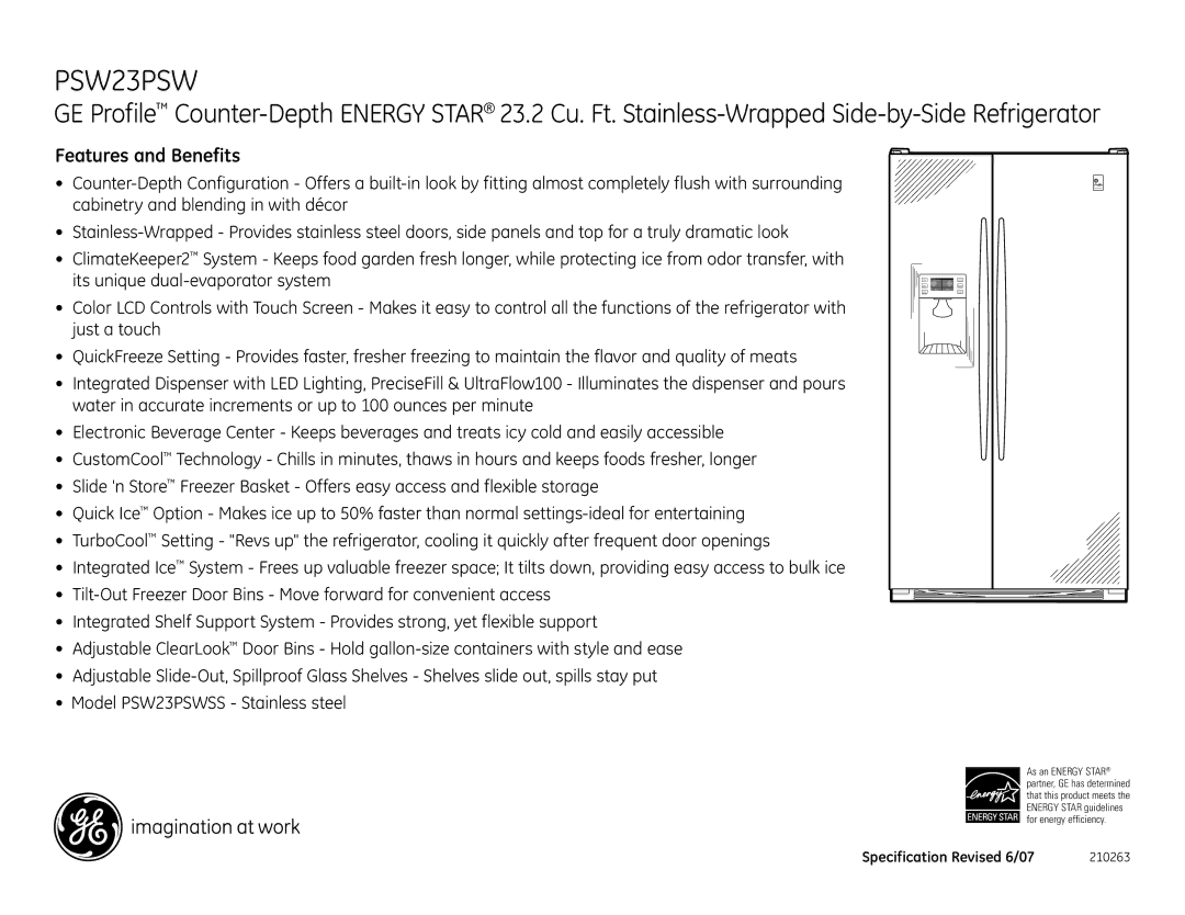 GE PSW23PSWSS dimensions Features and Benefits 