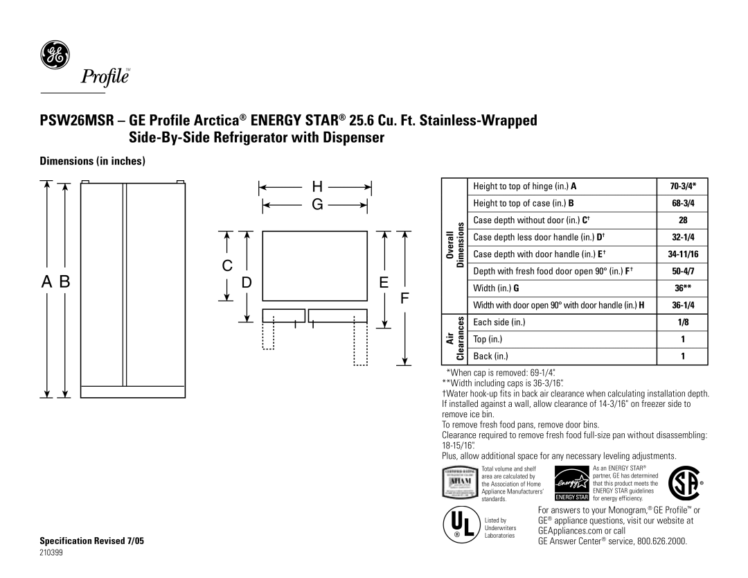 GE PSW26MSRSS, PSW26PSRSS dimensions Dimensions in inches 