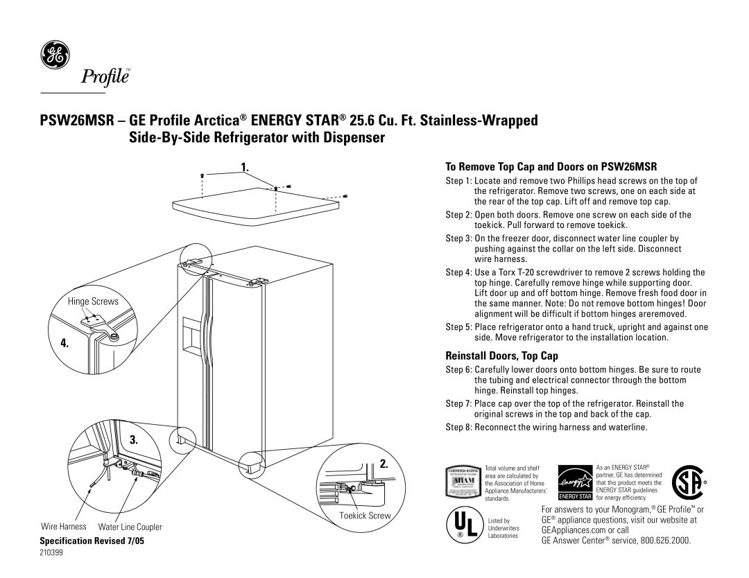 GE PSW26PSRSS, PSW26MSRSS dimensions Reinstall Doors, Top Cap, Hinge Screws, To Remove Top Cap and Doors on PSW26MSR 