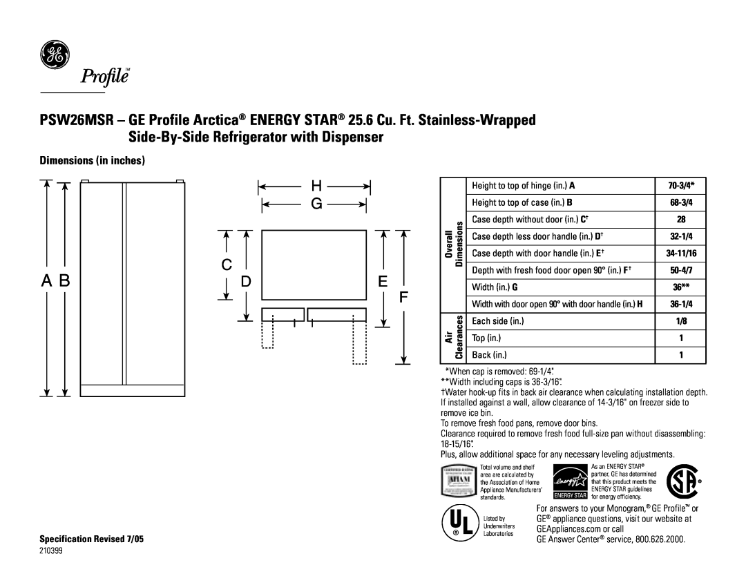 GE PSW26MSRSS, PSW26PSRSS dimensions Dimensions in inches 