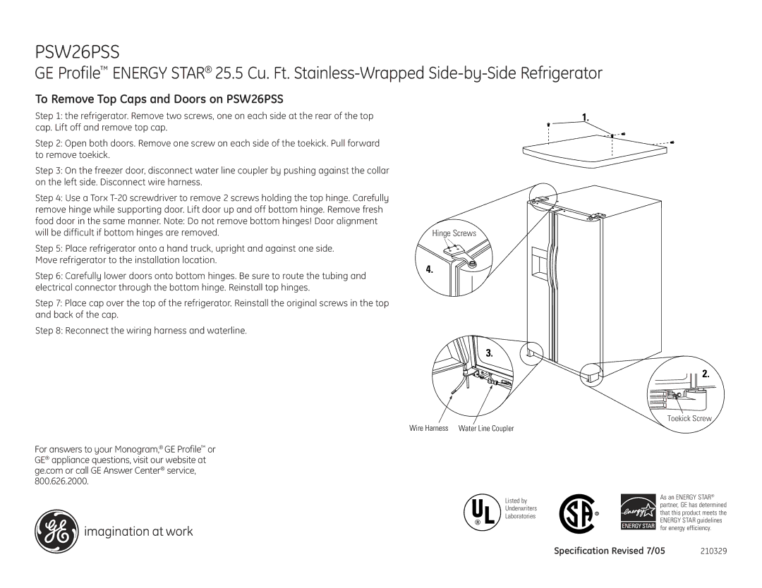 GE PSW26PSSSS dimensions To Remove Top Caps and Doors on PSW26PSS, Hinge Screws 