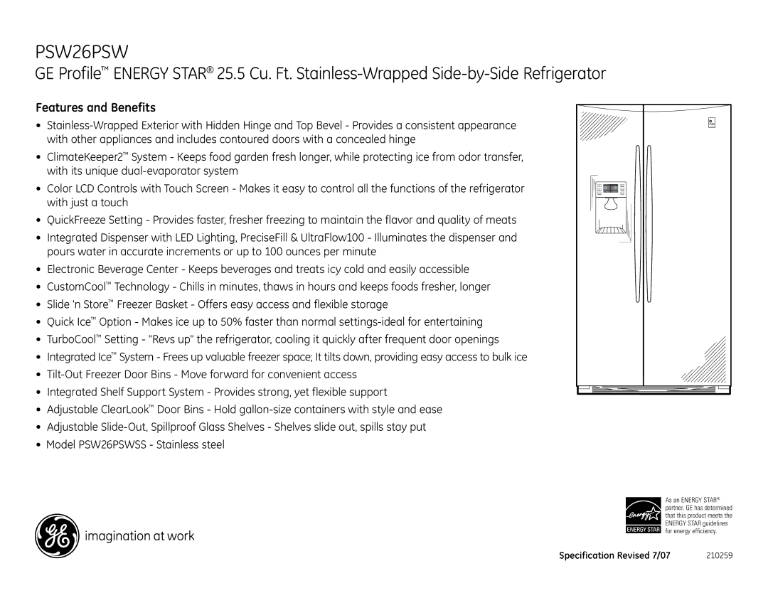 GE PSW26PSW dimensions Features and Benefits 