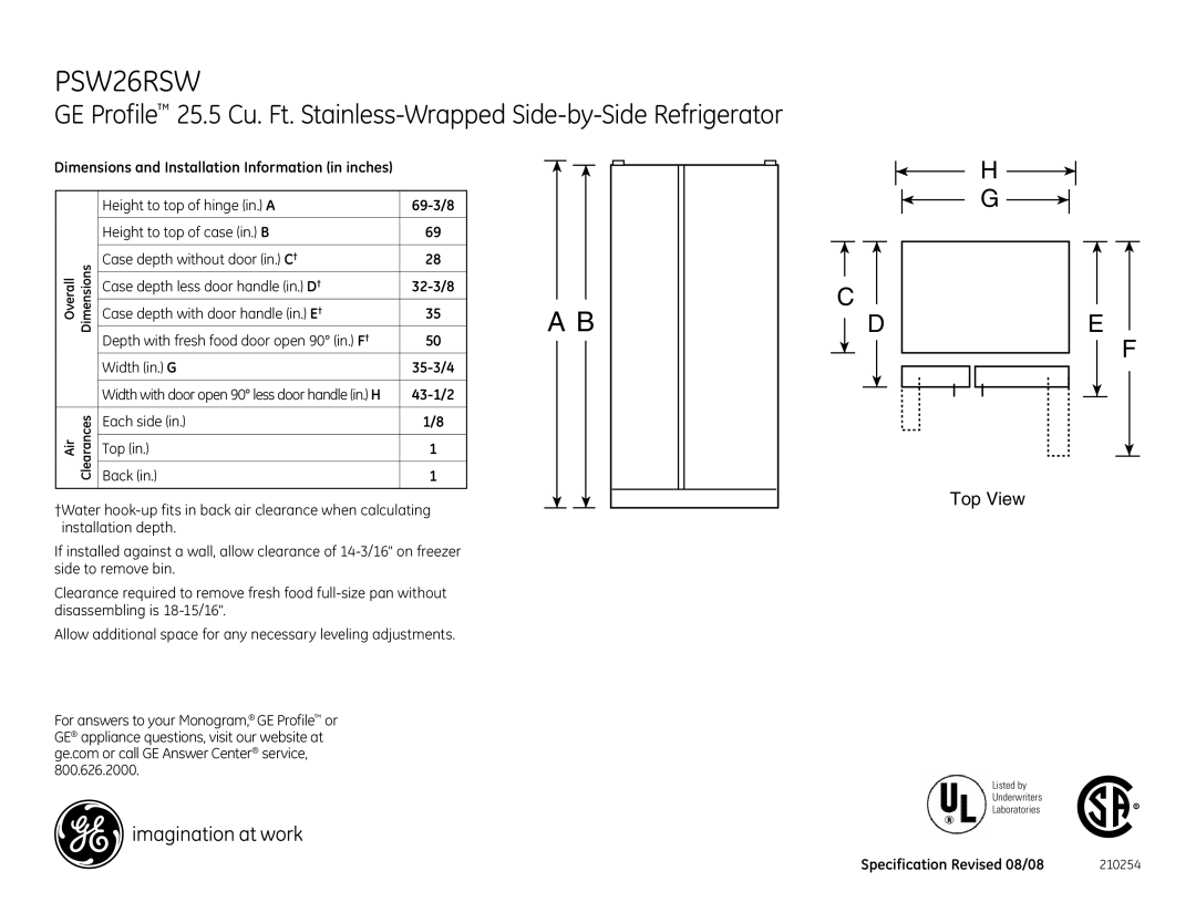 GE PSW26RSW dimensions 43-1/2, Each side Back Top, Specification Revised 08/08 